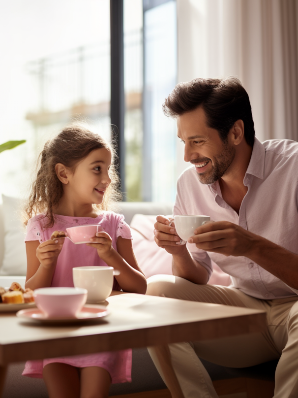 A father and his young daughter having a tea party
